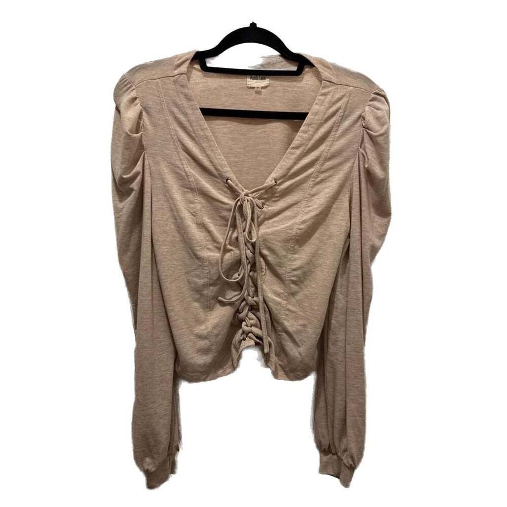 Peach Love California Tan Ruched Lace-Up Front Puff Sleeve Knit Top